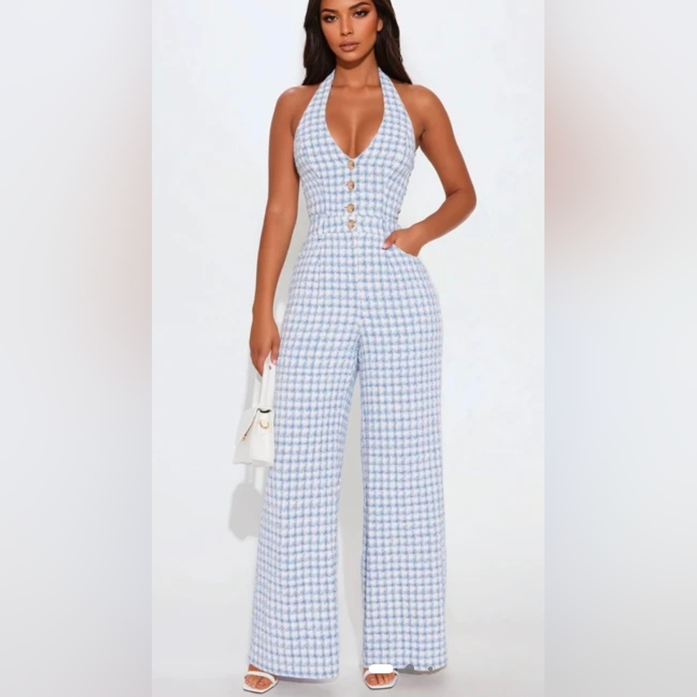Fashion Nova Light Blue & White Houndstooth Halter Wide-Leg Jumpsuit
